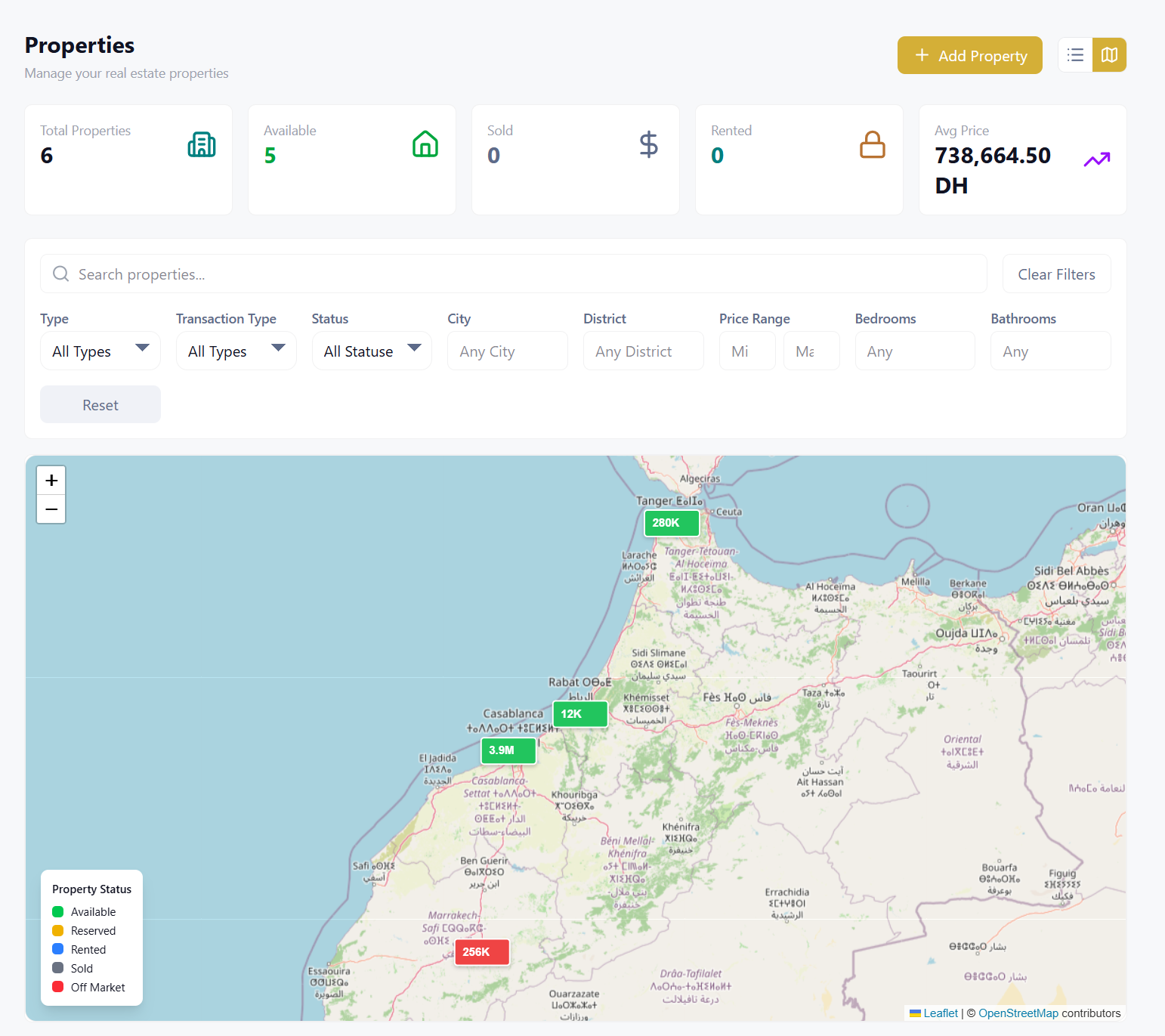 Biens immobiliers géolocalisés sur une carte interactive