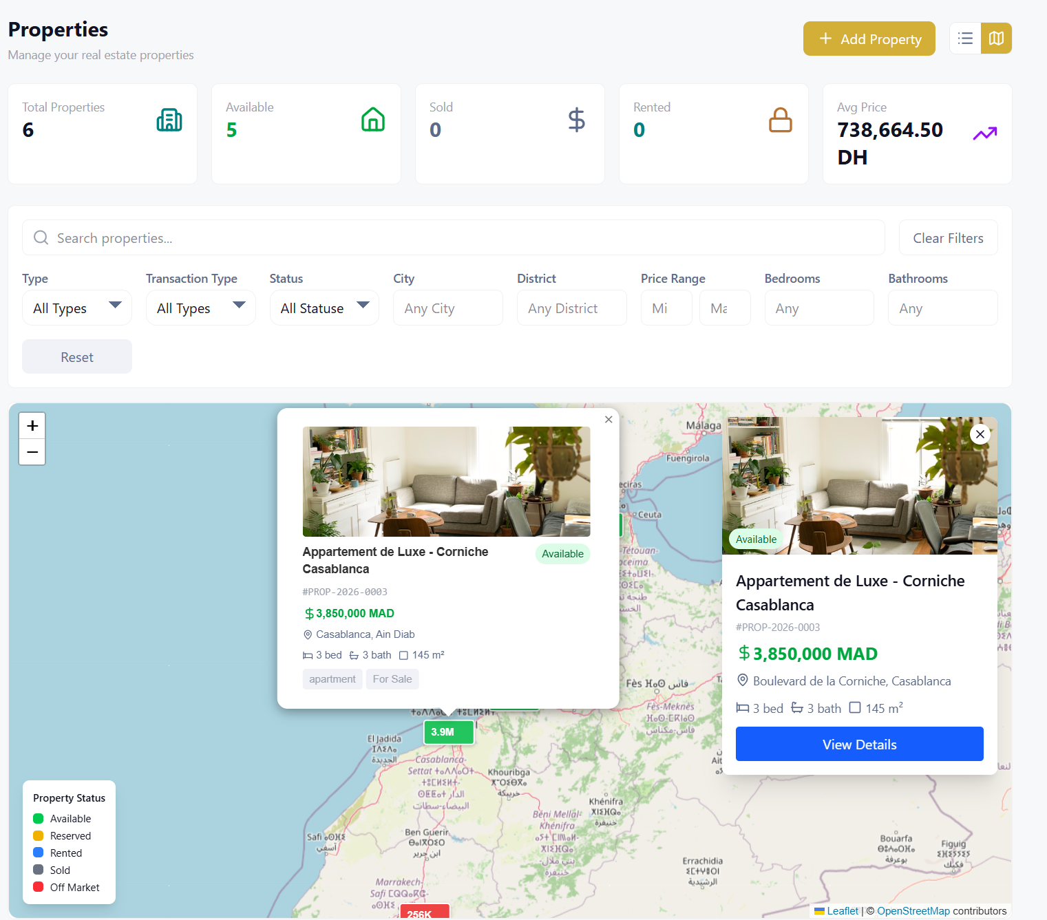 Fiches des biens affichées après un clic sur la carte